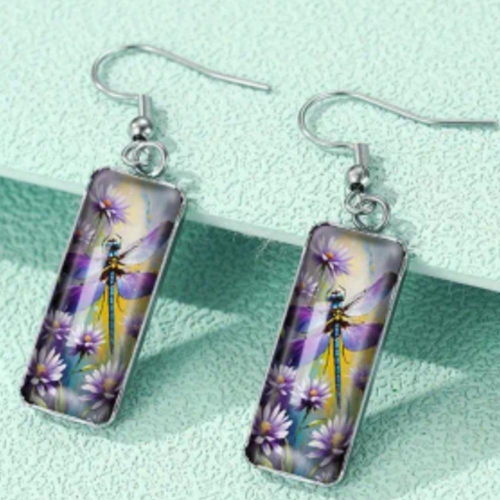 Boho Gift earrings Animal Print Dragonfly‎ and Daisy Silver Crystal Glass